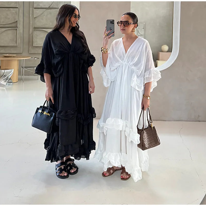 Ruffled V Neck Pleated Ankle Length Dress for Women