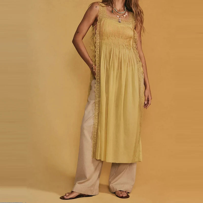 Lace Side Split Beach Pleated Solid Color Maxi Dress for Women