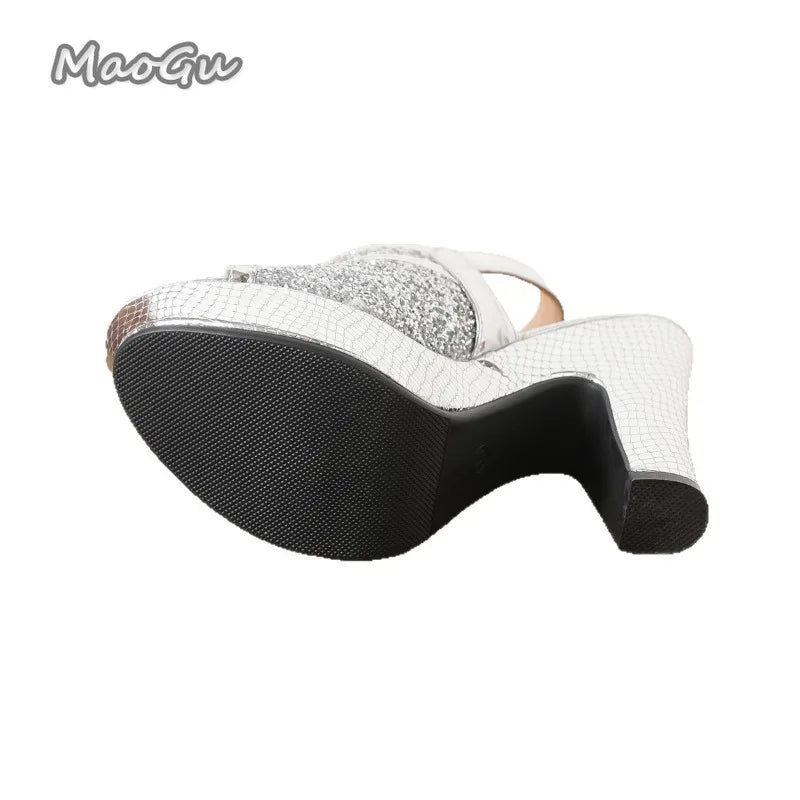 Silver Glitter Chunky Heel Peep Toe Platform Sandals For Women