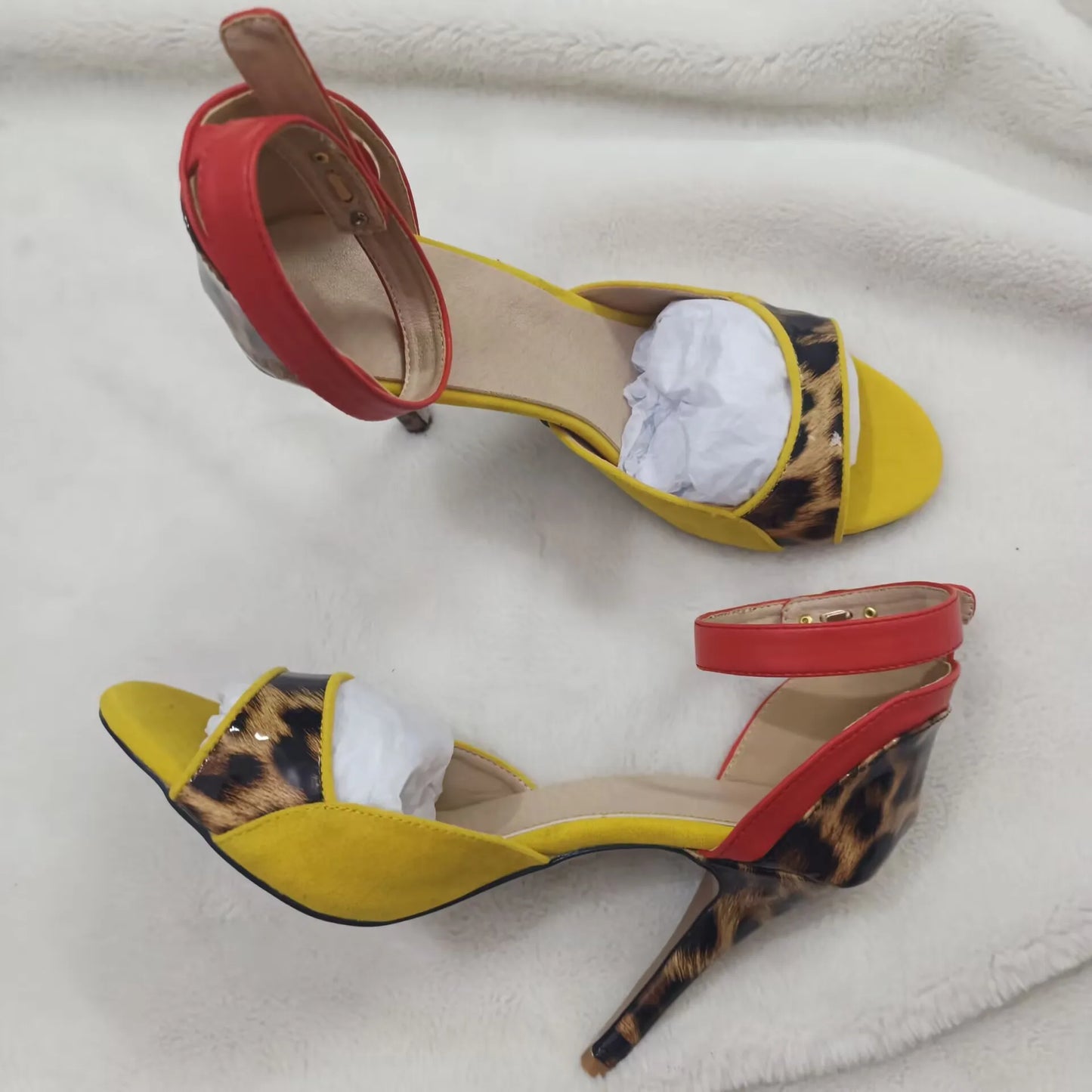 Patchwork Ankle Strap Peep Toe Heeled Sandals for Women