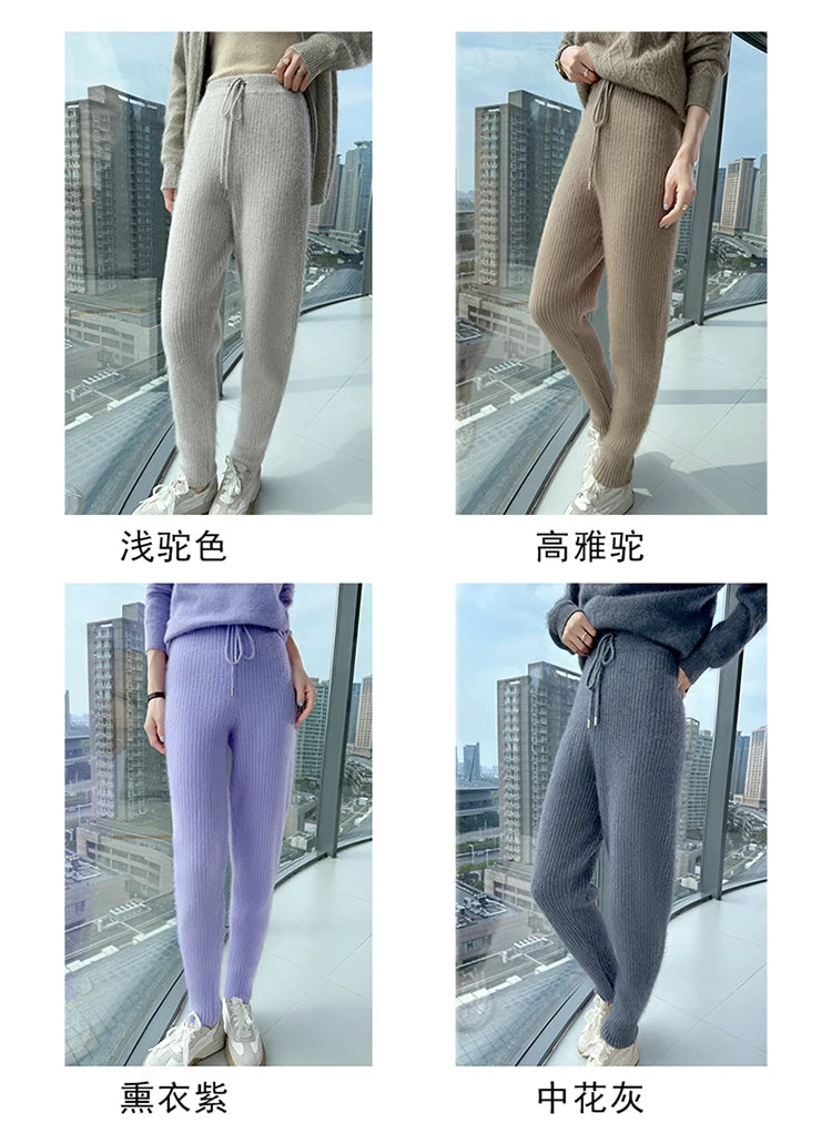 Warm Knit Elastic Waist Slim Fit Trousers for Women
