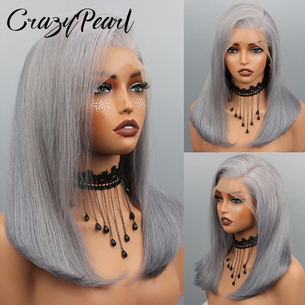 Grey Straight Bob Lace Front Wig With Human Hair for Women
