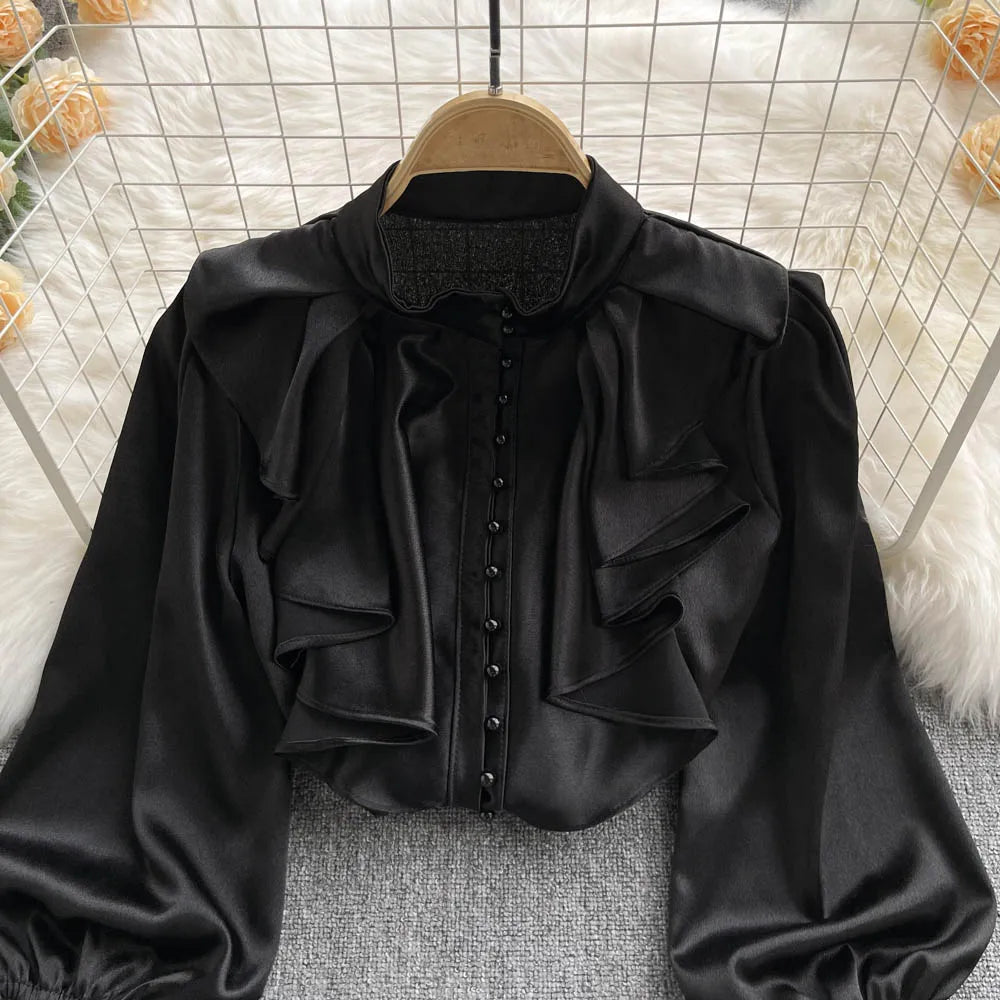 Elegant Satin Ruffle Long Sleeve Blouse for Women