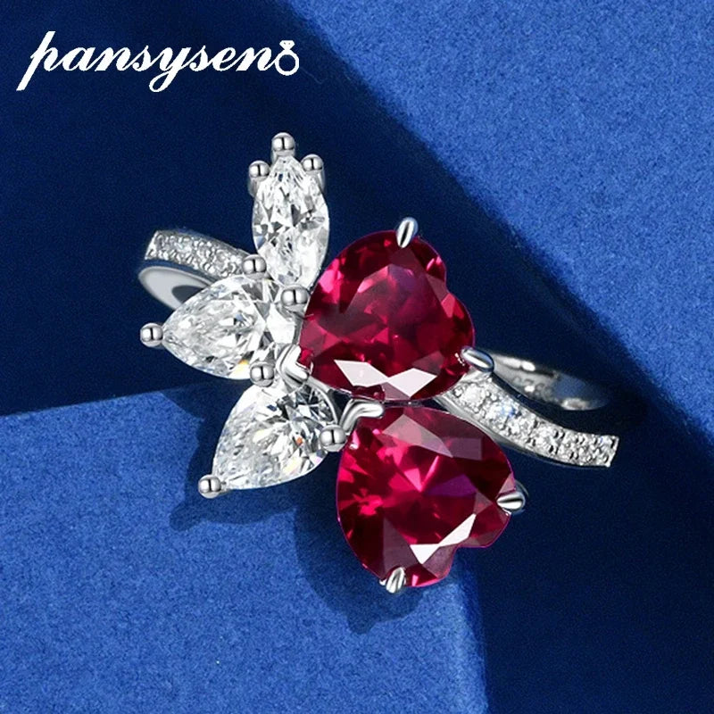 PANSYSEN Vintage 100% 925 Sterling Silver 7*7MM Heart Cut Ruby Diamond Rings for Women Wedding Engagement Fine Jewelry Ring Gift