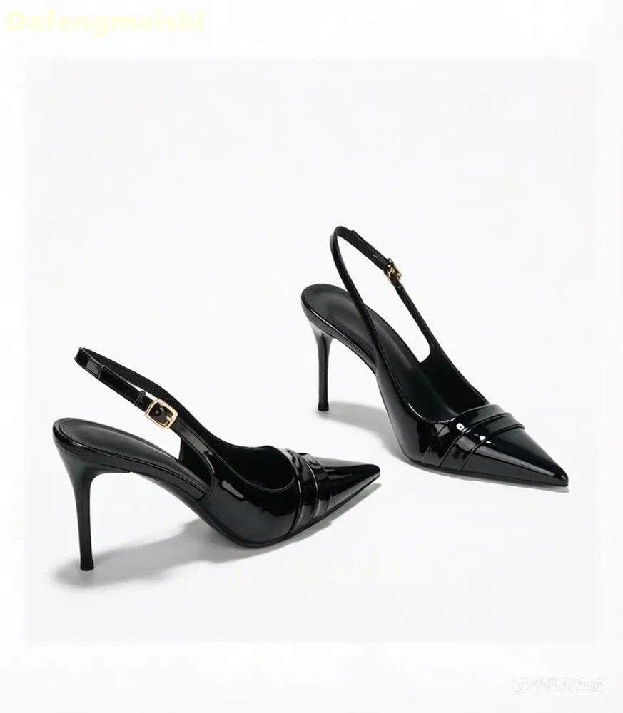 Nude Patent Leather Pleated Pointed Toe Slingback Pumps For Women