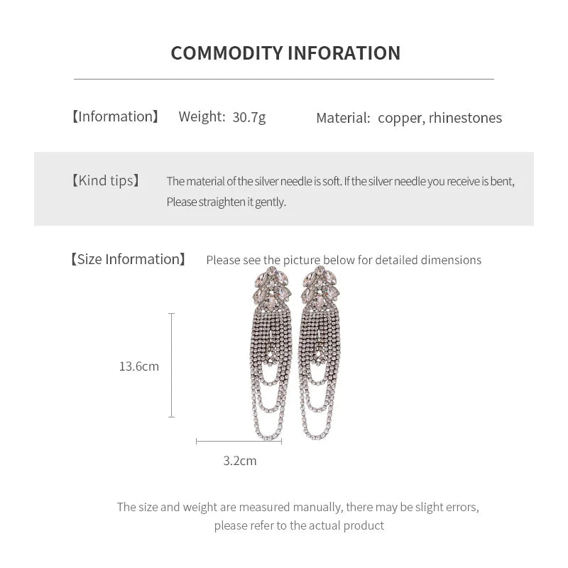 Long Rhinestone Leaf Tassel Drop Earrings for Women