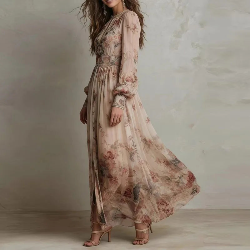 Vintage Floral Pleated Long Sleeve Maxi Dress for Women