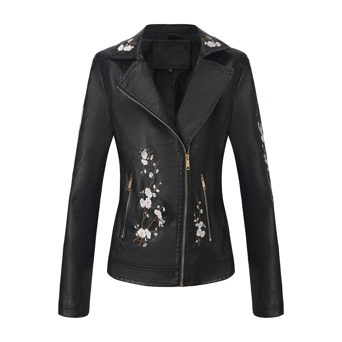 Embroidered Faux Leather Motorcycle Jacket for Women