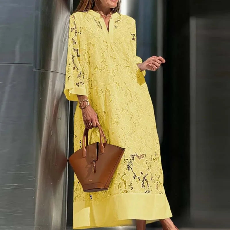 Summer Women White Lace Hollow Evening Dress Elegant V Neck Contrast Patchwork Mesh Women Long Sleeve Party lace Dress 2 piec