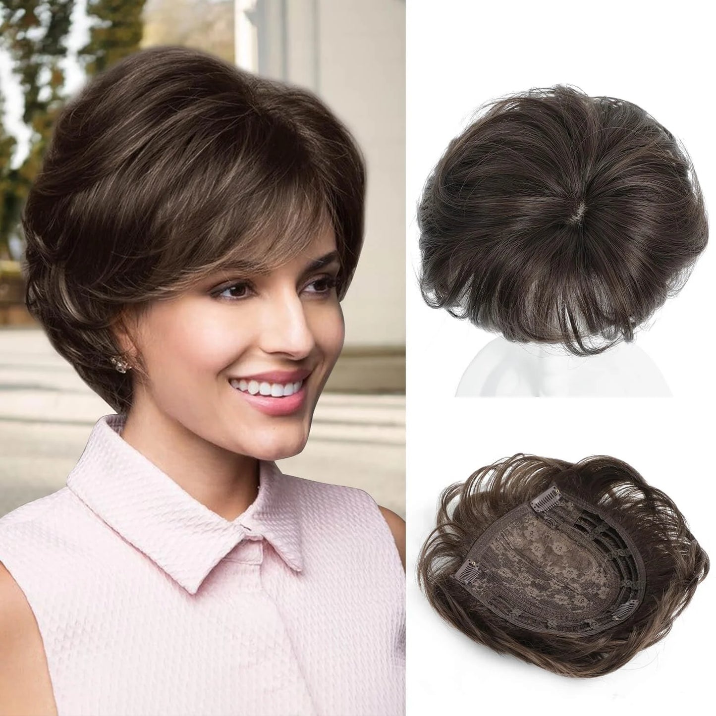 Pixie Cut Hair Toppers for Women 6.8" x 7" Short Hair Topper Fluffy Synthetic Hair Topper Clip in Top Wavy Replacement Wiglets