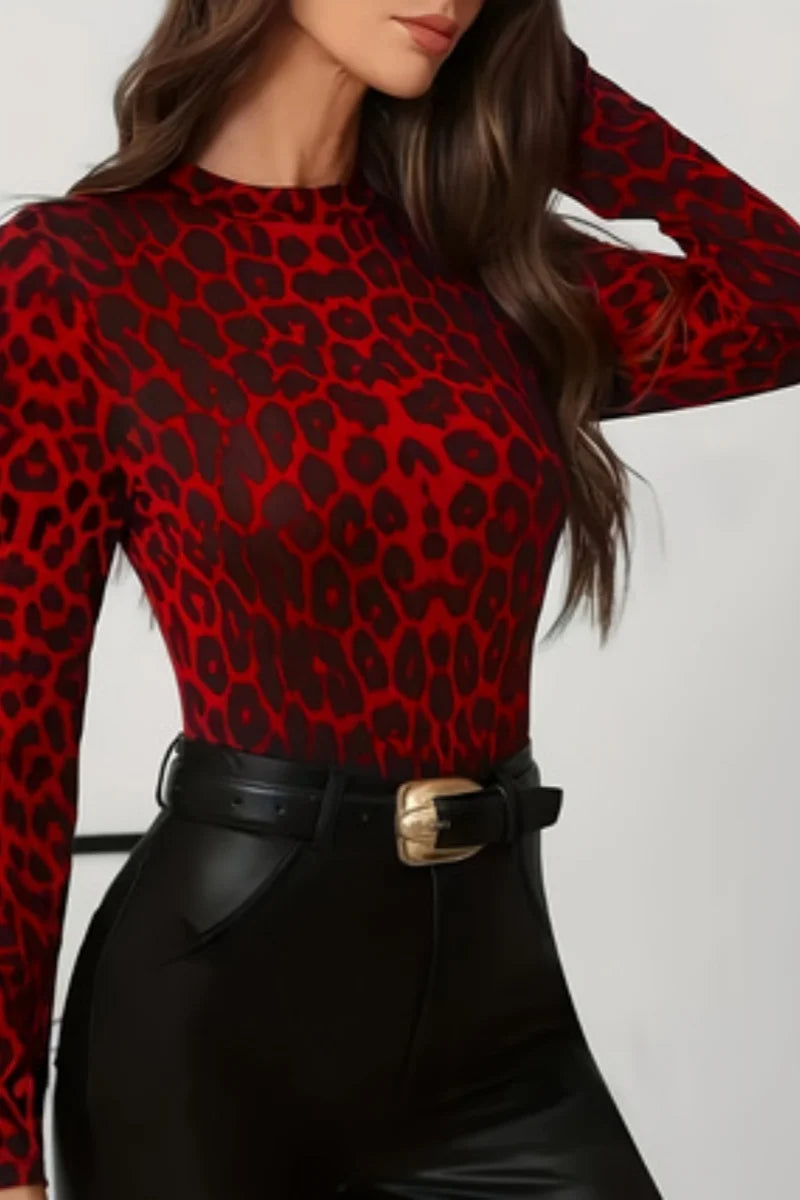 Leopard Print Slim Fit Long Sleeve Knit Top for Women