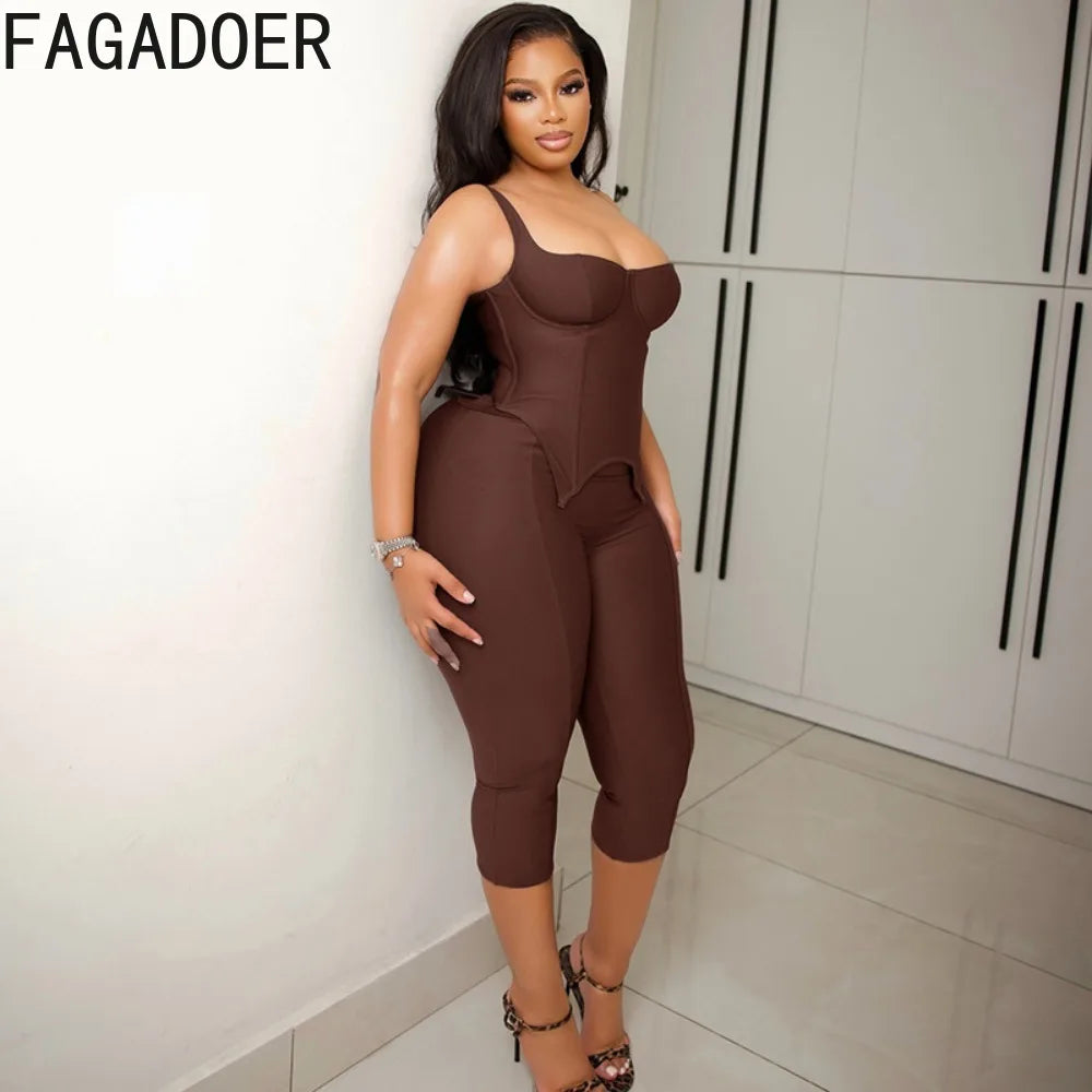 Brown Off Shoulder Corset Crop Top and Capri Pants Two Piece Set for Women