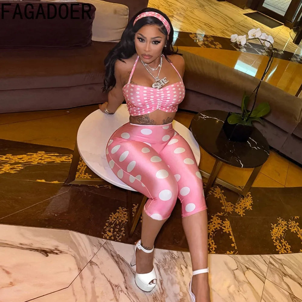 Polka Dot Two Piece Set with Halter Crop Top and Shorts for Women
