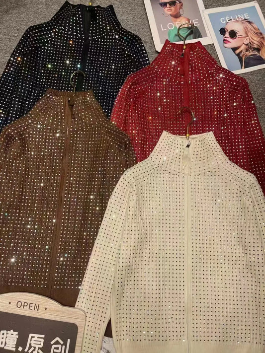 Luxury Style Sparkle Diamonds Autumn Winter 2025 Thick Knitted Cardigan Sweater Women's Long Sleeve Zipper Up Outwear Coat Top