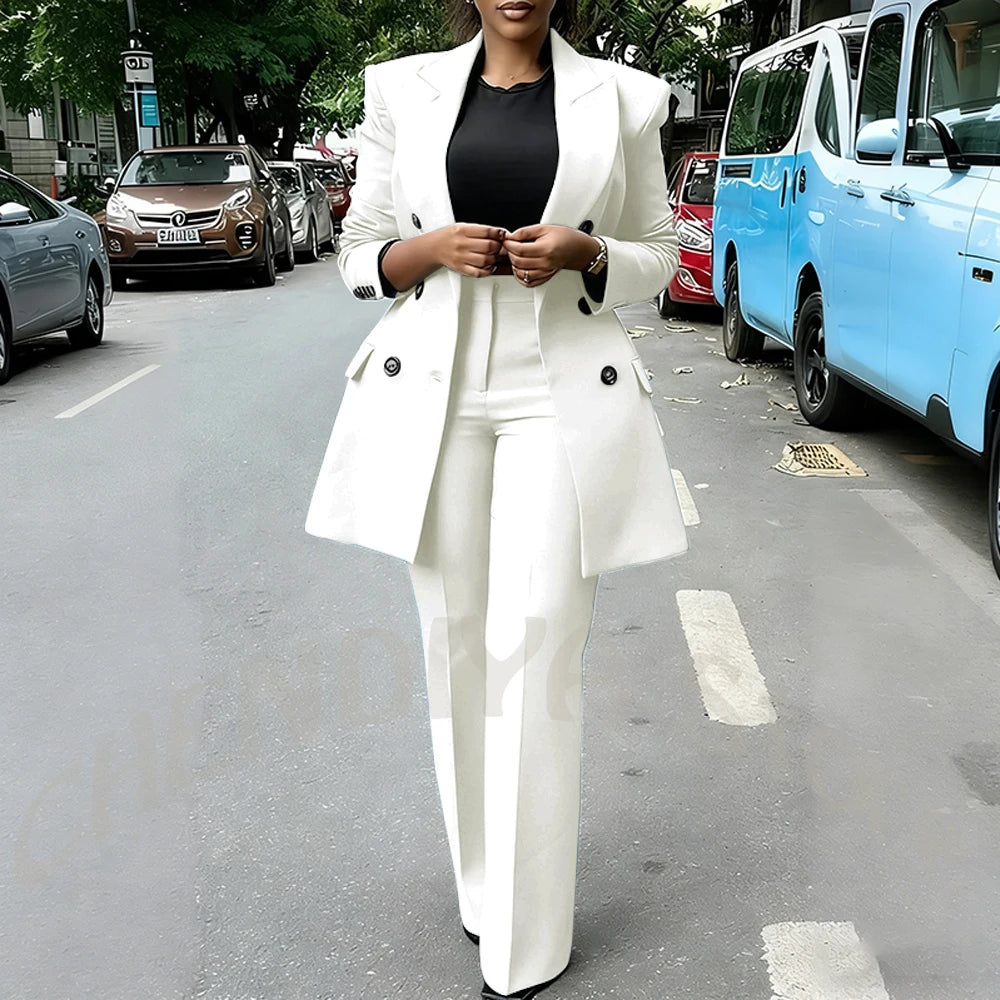 High Quality Women Suits Double Breasted Straight Formal 2 Piece Jacket Pants Peak Lapel High Street Daily Office Casual Suit