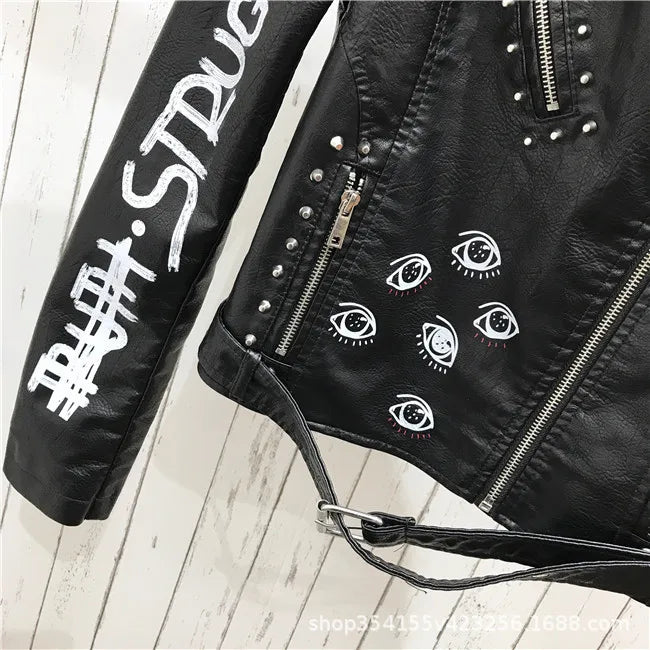 Rivet Zipper Faux Leather Motorcycle Jacket for Women
