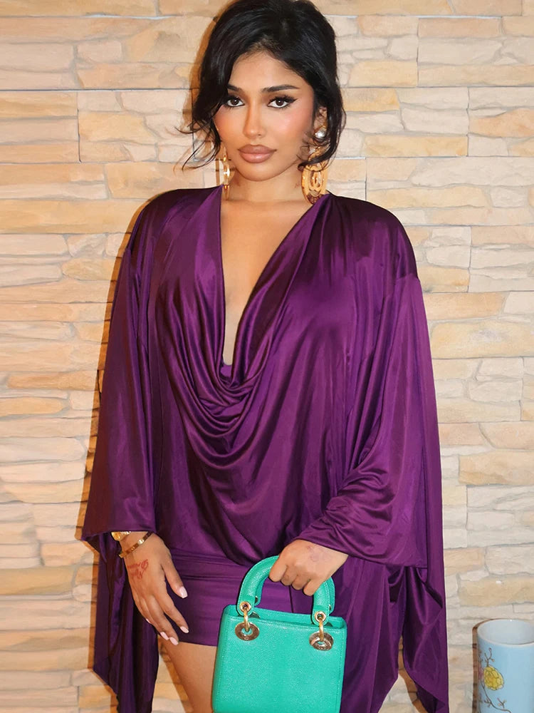 Satin Deep V Neck Mini Dress With Long Sleeves for Women