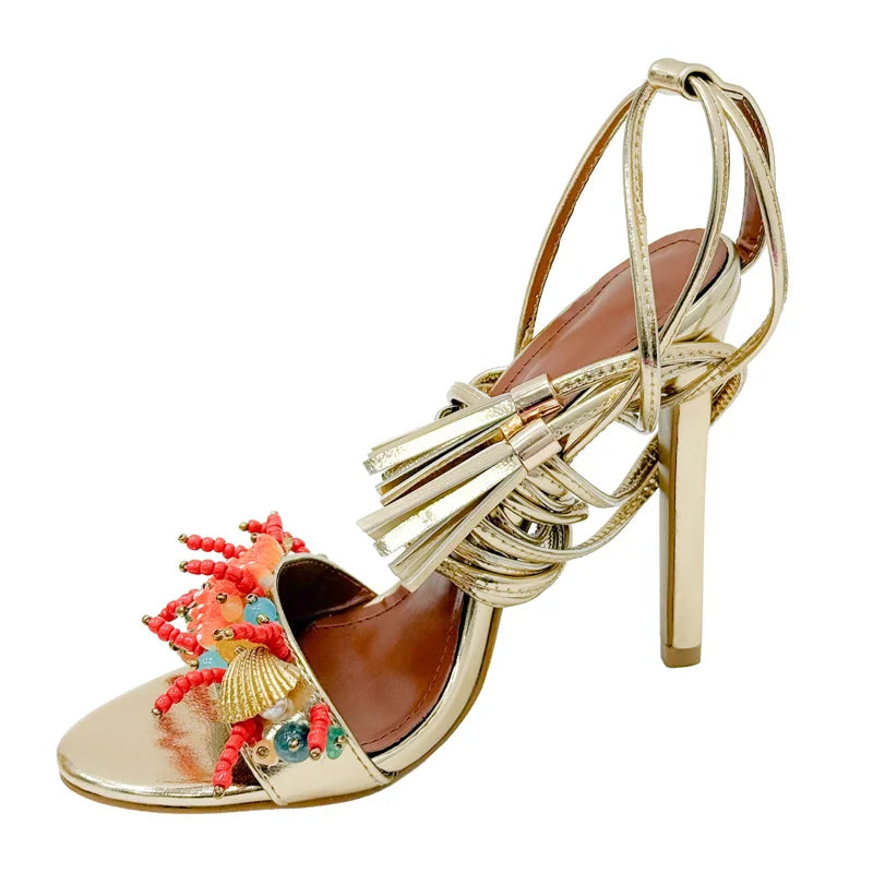Open Toe High Heel Tassel Ankle Strap Sandals for Women