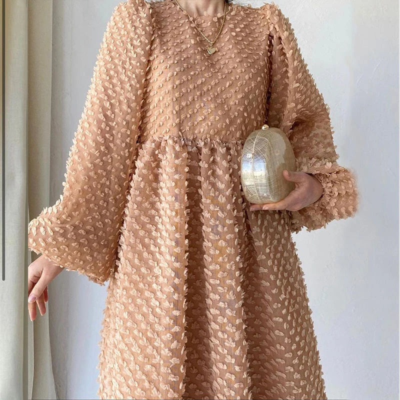 Pleated Lantern Sleeve Ankle Length Dress for Women