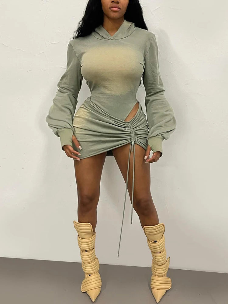 Sisterlinda Sexy Fashion 2 Piece Set Woman Tie-Dye Design Backless Hooded Bodysuits+Shirring Ruched Skirts Midnight Club Outfits