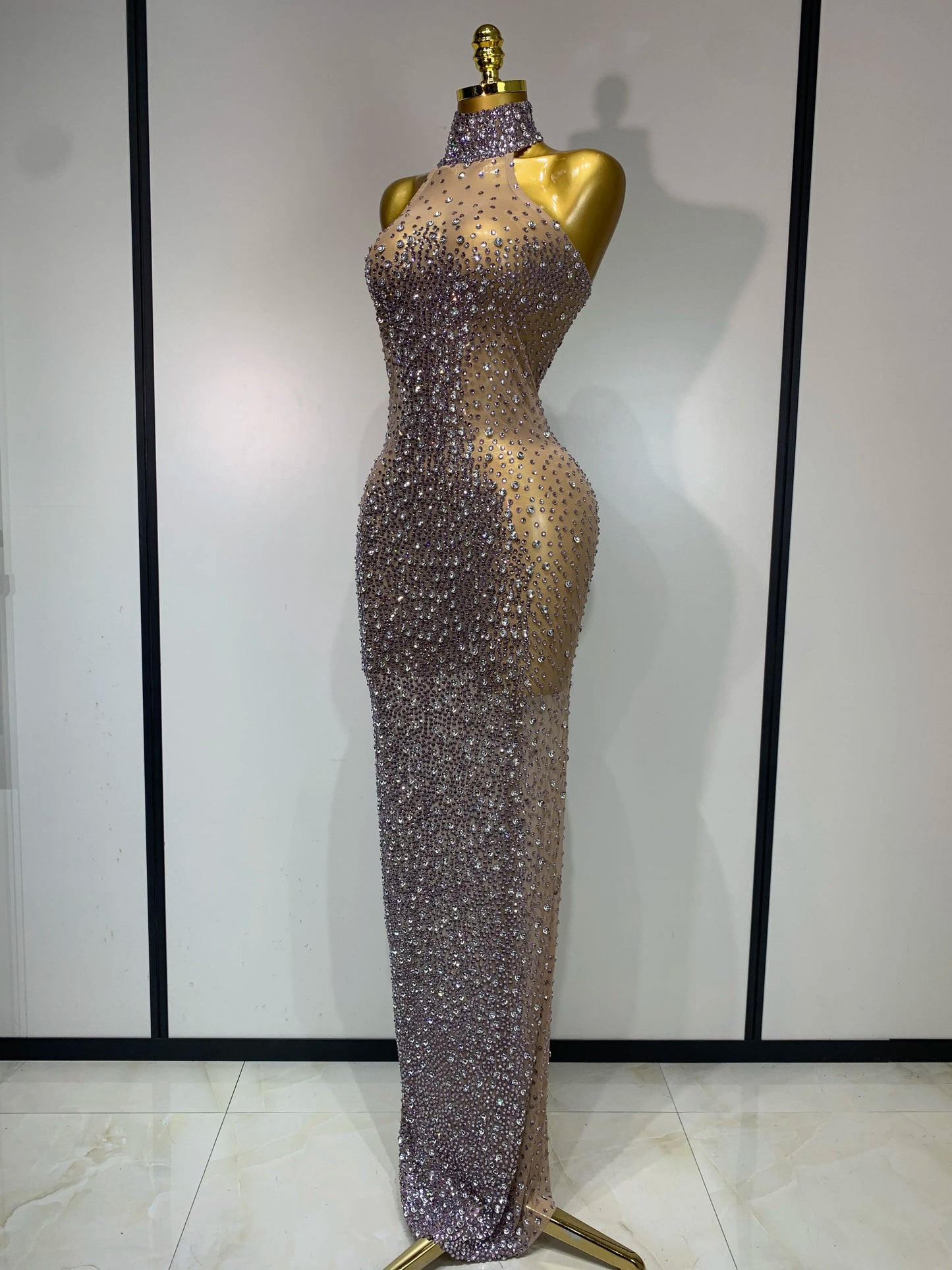 2025 New Sleeveless Mesh See Through Long Dress Sexy Backless Sparkly Rhinestone Dress Celebration Festival Evening Party Gowns