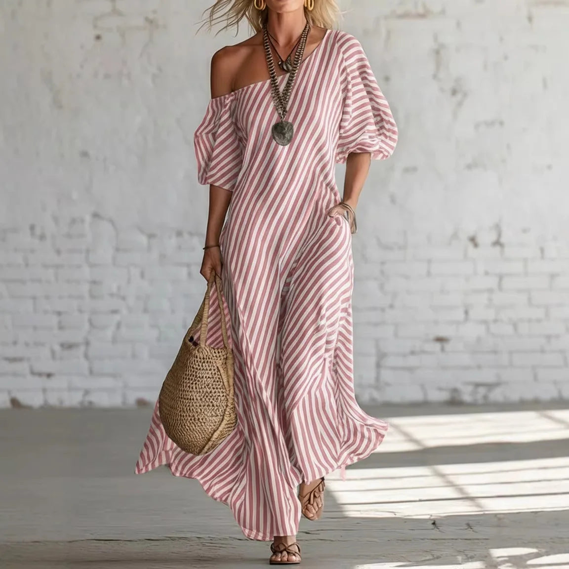 Striped Off Shoulder With Pockets Maxi Dress for Women