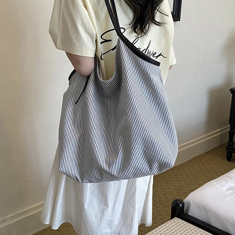 Casual Stripe Canvas Lightweight Shoulder Tote Bag for Women