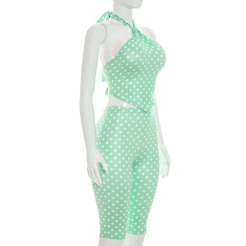 Polka Dot Print Halter Backless Tank Top Two Piece Set for Women