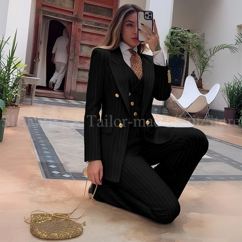 Slim Fit Double Breasted Green Striped Suit Set For Women