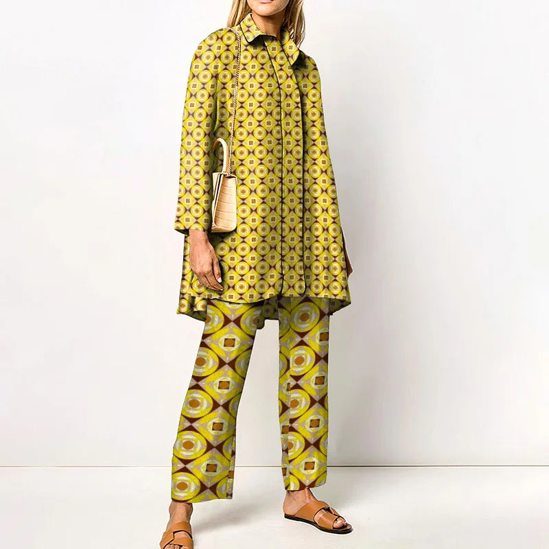 2022 Sets Womens Outfits Elegant Loungewear Print Spring Autumn 2PCS Ladies Suit Long Sleeve Wide Leg Pants Loose Fit Streetwear