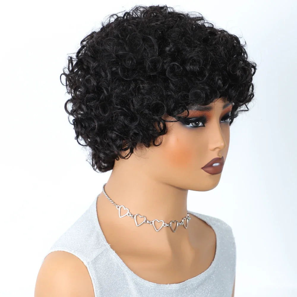 Short Kinky Curly Pixie Bob Human Hair Wig for Women