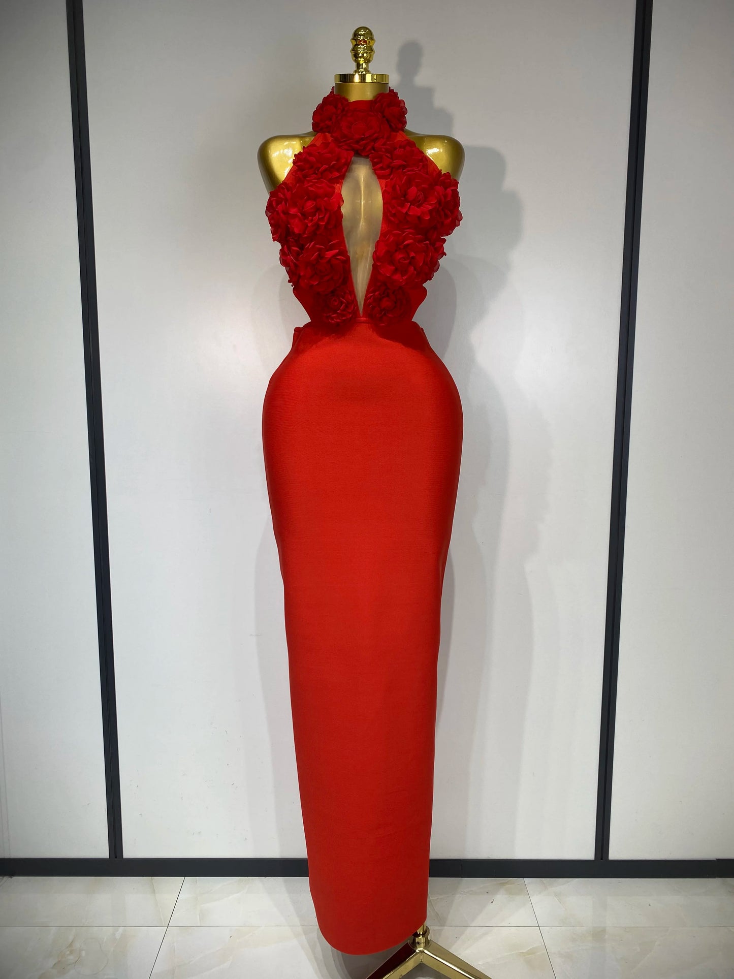 2025 New Women Sexy Halter Hollow Out Flowers Bodycon Bandage Dress Red Backless Elegant Party Luxury Birthday Wedding Dresses
