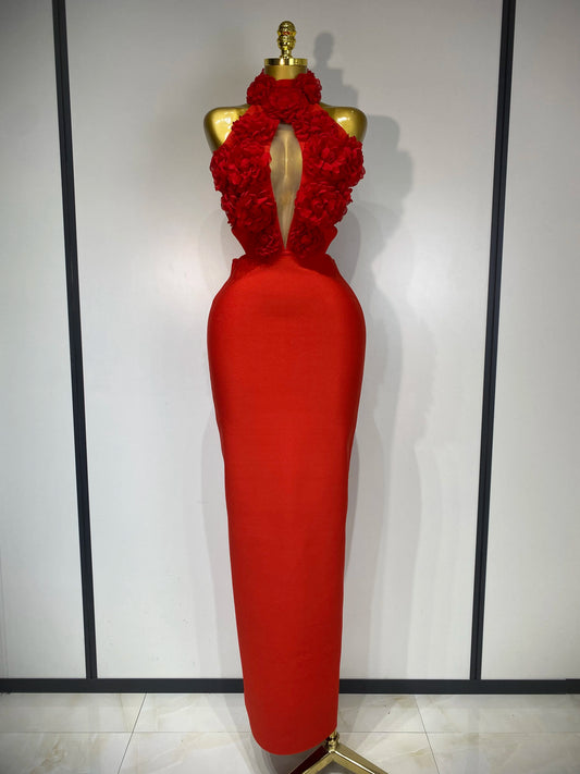 2025 New Women Sexy Halter Hollow Out Flowers Bodycon Bandage Dress Red Backless Elegant Party Luxury Birthday Wedding Dresses