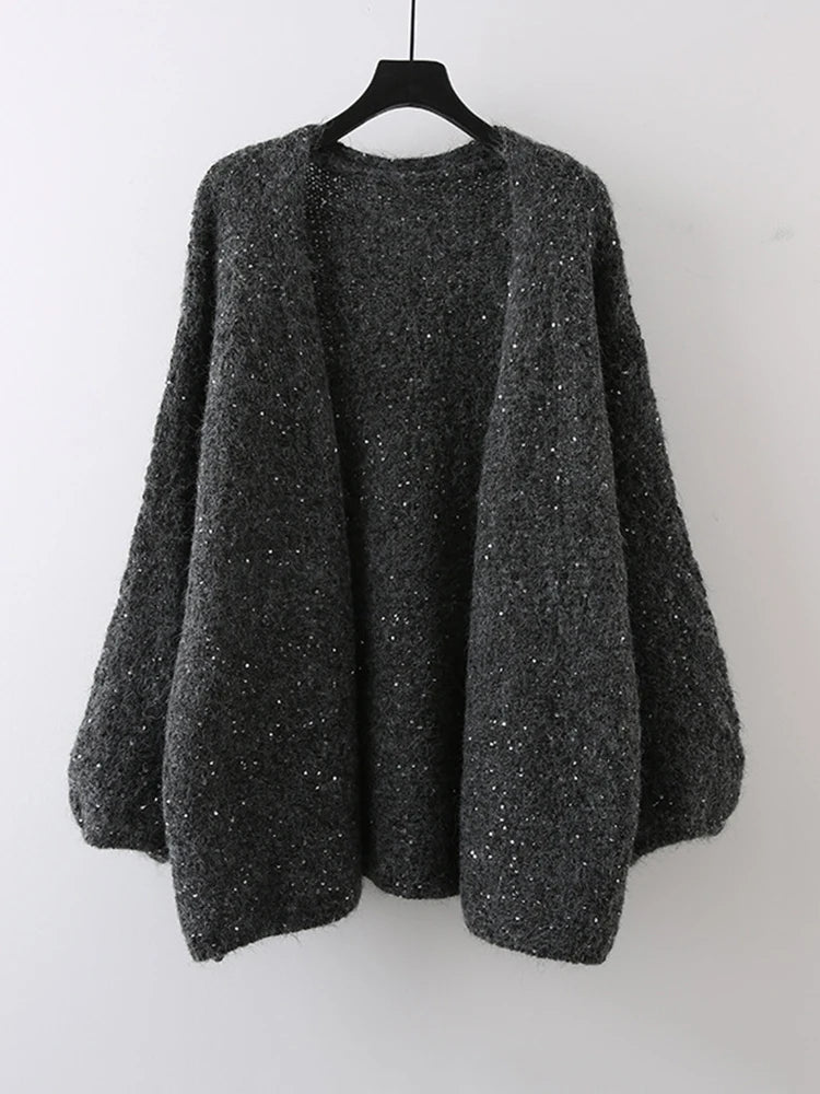 [EAM] Red Sequins Big Size Casual Knitting Cardigan Sweater V-Neck Long Sleeve Women New Fashion Tide Spring Autumn 2025 1DJ3382