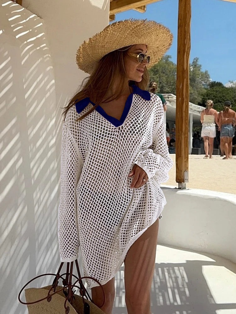 Solid Colour Beach Knit Mini Dress Women's Summer Sexy Hollow Out Long Sleeve Swimsuit Cover Up Boho Holiday Loose Beachwear K17