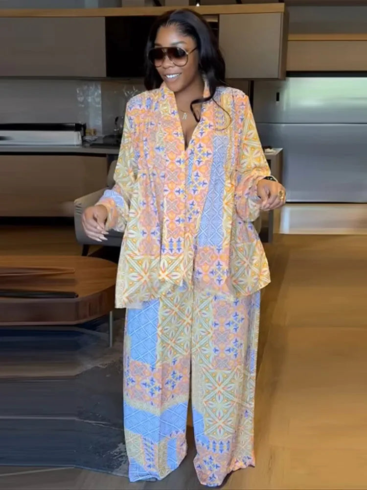 Casual Print Long Sleeve V-Neck Top Wide-Leg Trousers Two-Piece Set for Women