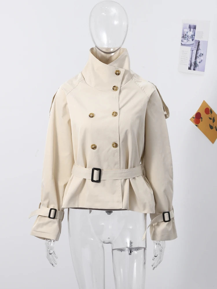 Chic Belt Women's Coat Elegant Stand Collar Full Sleeve Single Breasted  Female Jacket 2025 Autumn Fashion Commuter Windbreaker