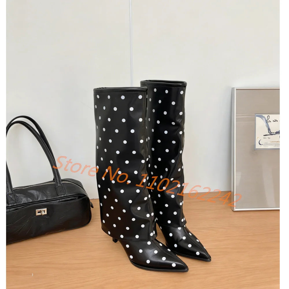 Polka Dot Pointed Toe Stiletto Knee High Boots for Women