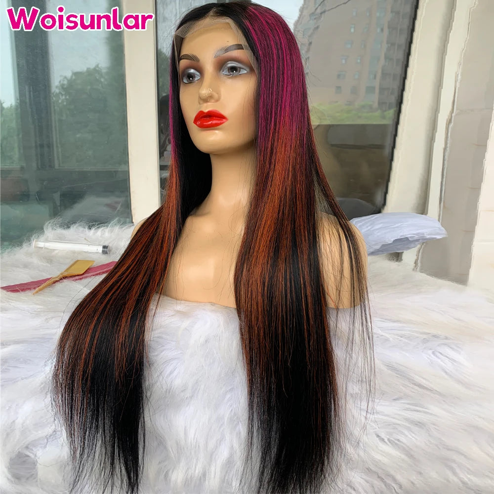 Highlight Pink Yellow and Black Lace Front Human Hair Wigs Straight 200% For Women 13x6 13x4 Transparent Lace Human Hair Wig 100