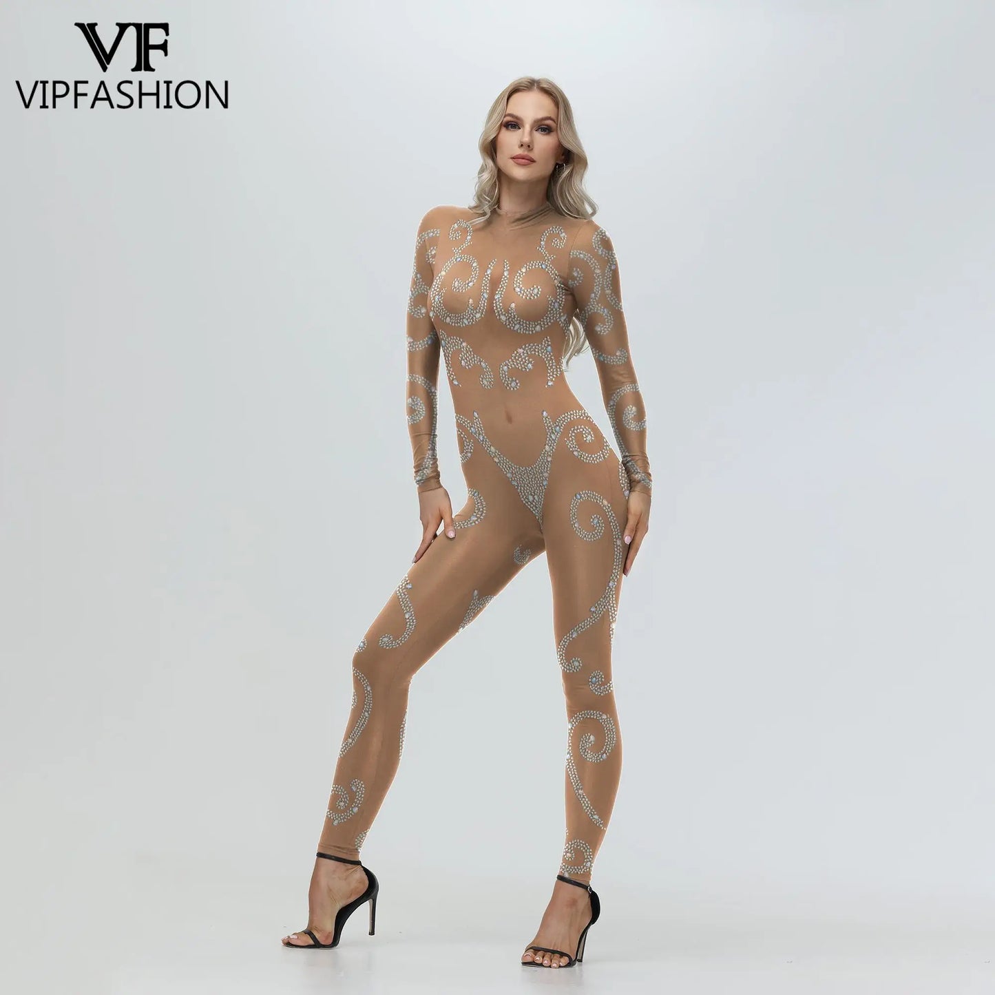 Elegant Skin Color Rhinestone Print Jumpsuit for Women