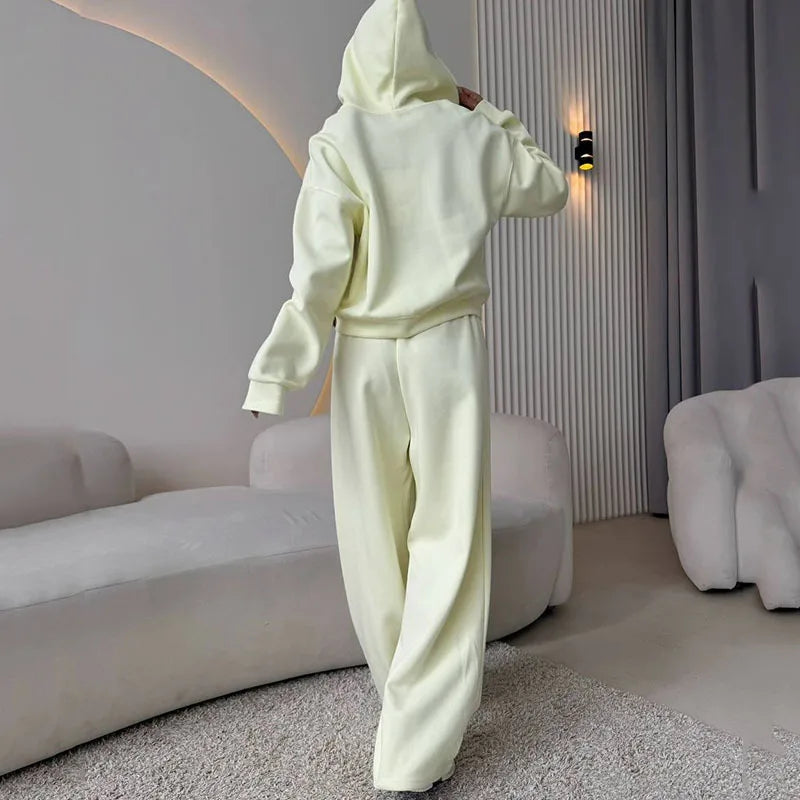 KUCLUT Fashion Sports Suit Long Sleeve Zipper Cardigan Hooded Sweatshirt Drawstring Elastic Trousers Two-piece Set Female 1A717