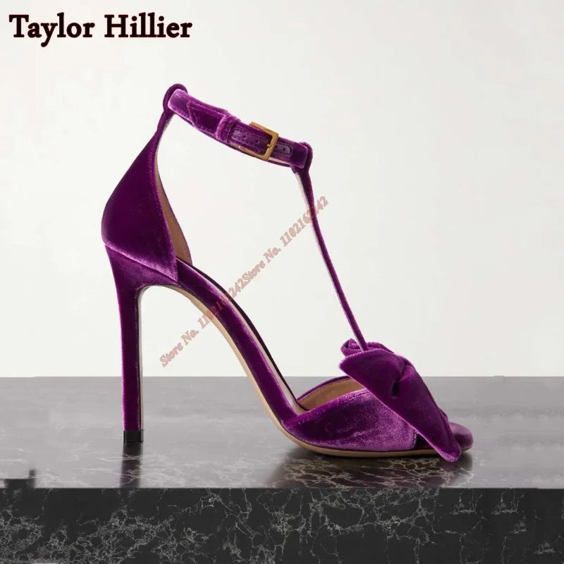 Velvet Bowknot Stiletto Sandals with Ankle Strap for Women