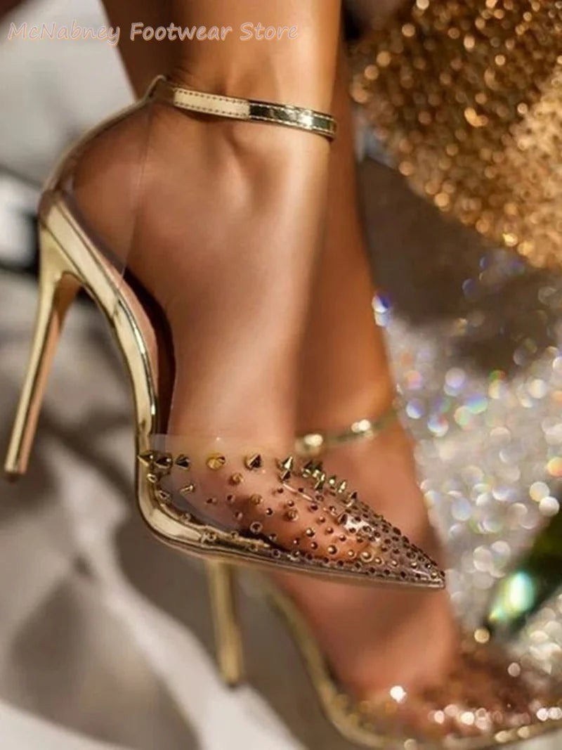 Transparent Pointed Rivet Buckle Sandals
