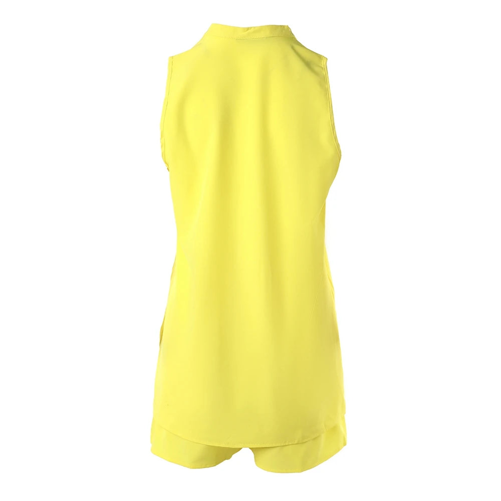 Sleeveless V-Neck Top and Shorts Set for Women Casual Solid Outfits Sexy Clothing Pocket Design Summer Fashion