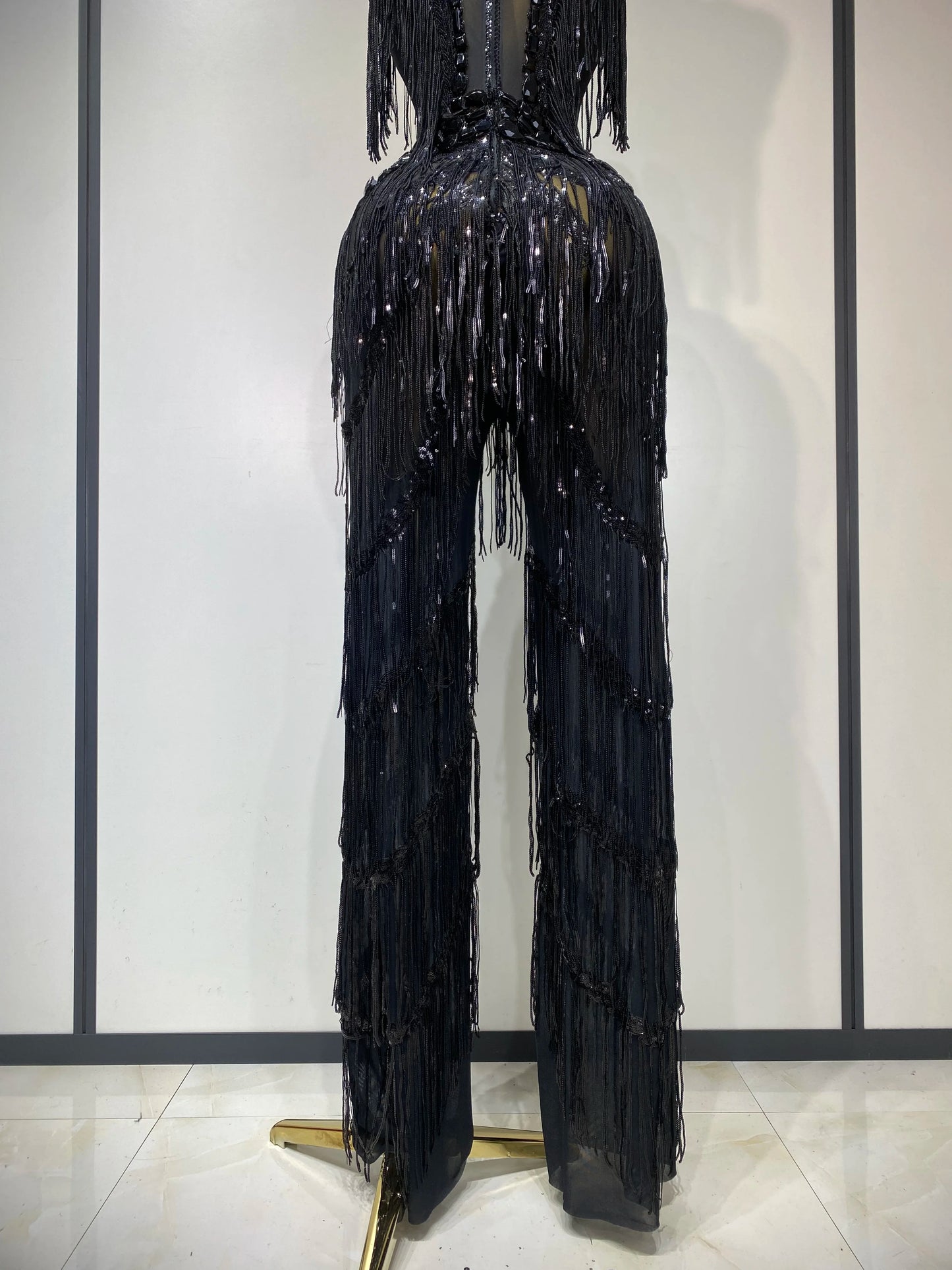 Gold Rhinestones Fringe Jumpsuit