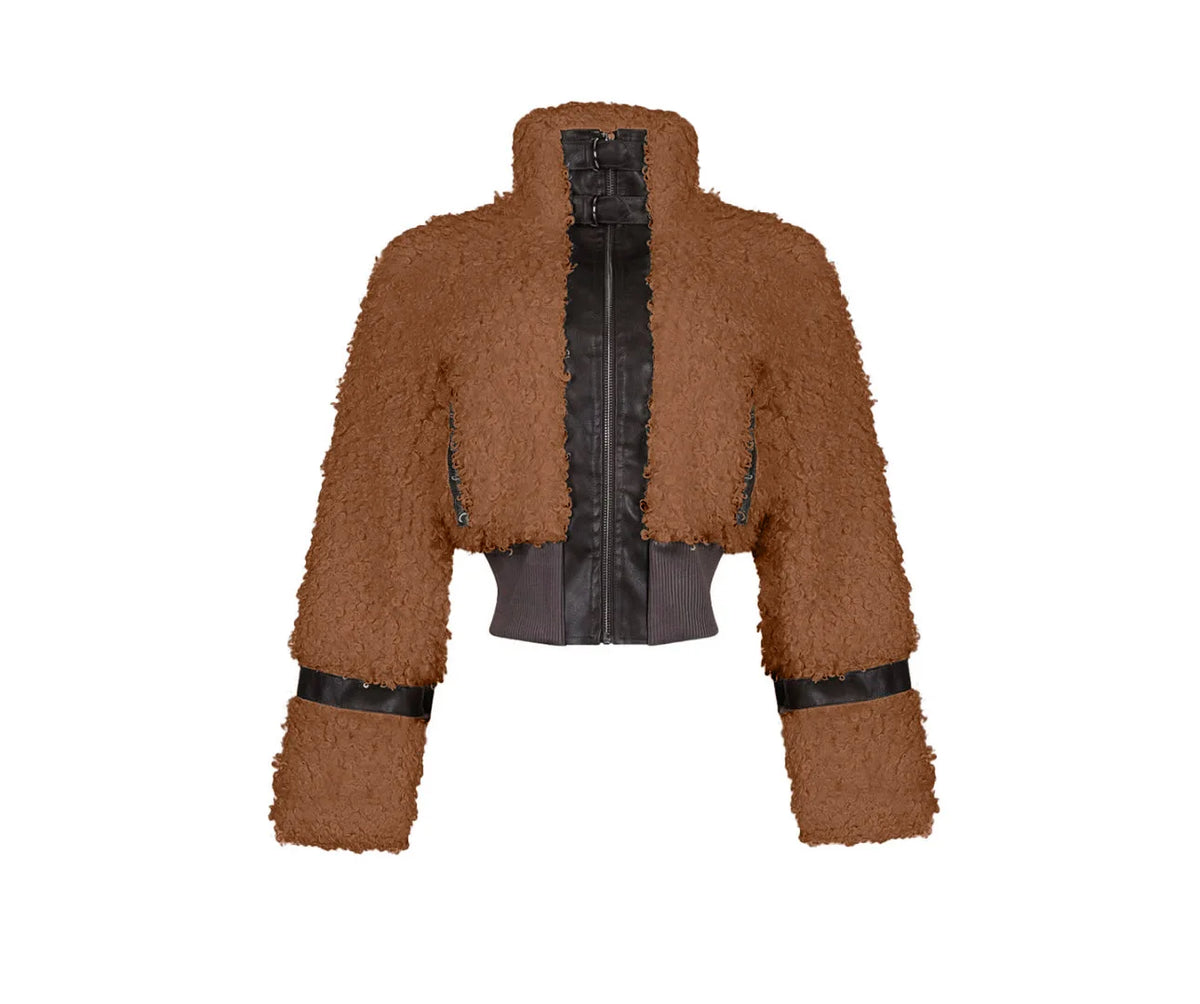 Winter Faux Fur Patchwork Leather Jacket for Women