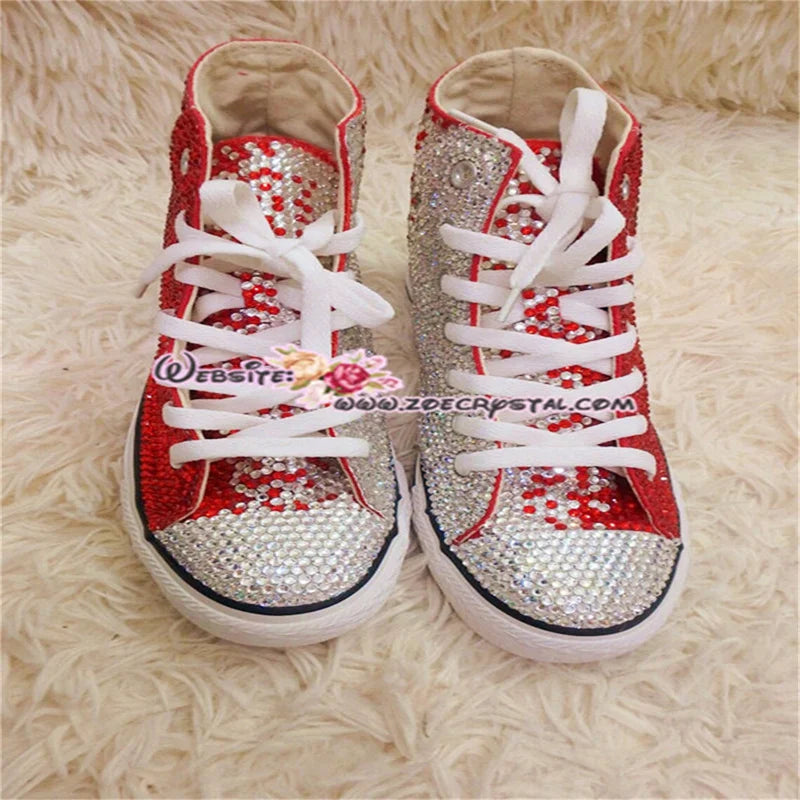Red Rhinestone Lace Up High Top Canvas Shoes for Women