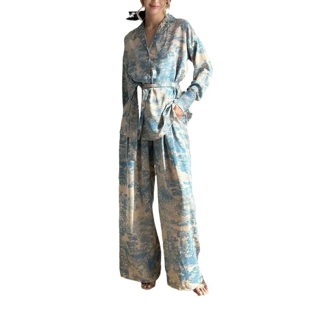 Elegant Print Two Piece Set With Long Sleeve Shirt And Wide Leg Pants for Women