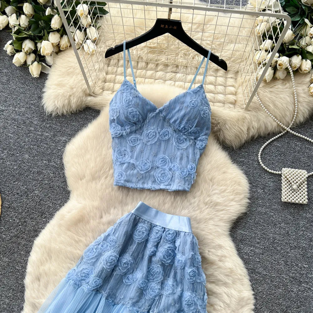 3D Floral Lace Camisole and Pleated Skirt Set for Women