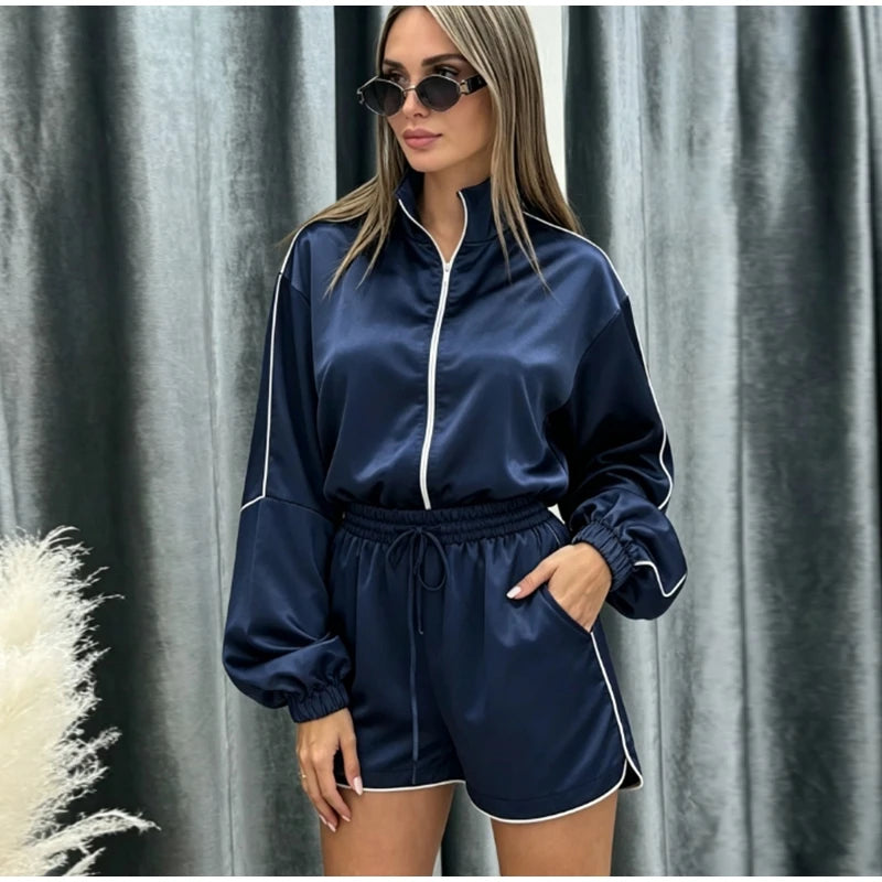 Relaxed Fit Casual Solid Coat Shorts Set for Women